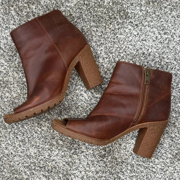 Timberland Women's Brown Leather Peep toe Ankle Booties A1IE9 - Picture 5 of 7